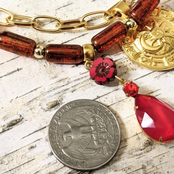 Red Jade, Crystal, And Glass Beads In Two Strand Gold Plated Paperclip Necklace - Picture 8 of 10